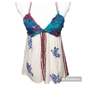 Blue Plate Boho Halter Top Festival Eyelet Embroidery Open Back Size S